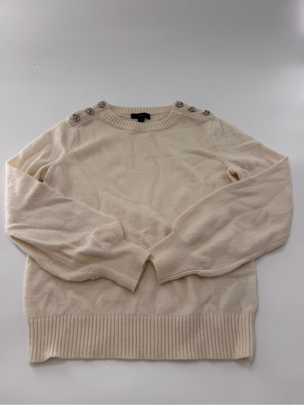 J. Crew Crewneck Sweater Rhinestone Buttons Cream White Silver Lambs Wool Small
